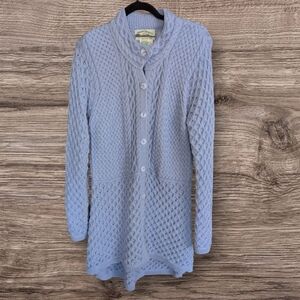 Aran Crafts Merino Wool Honeycomb And Cable Knit Button Front Cardigan Duster